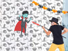 Boy Fighting With Painted Vampire On The Wall Halloween Party Psd