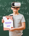 Boy Wearing Virtual Reality Headset With Clipboard Mock-Up Psd