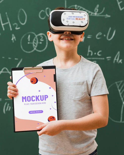 Boy Wearing Virtual Reality Headset With Clipboard Mock-Up Psd