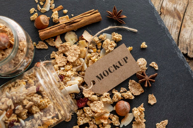 Breakfast Cereals Composition With Tag Mock-Up Psd