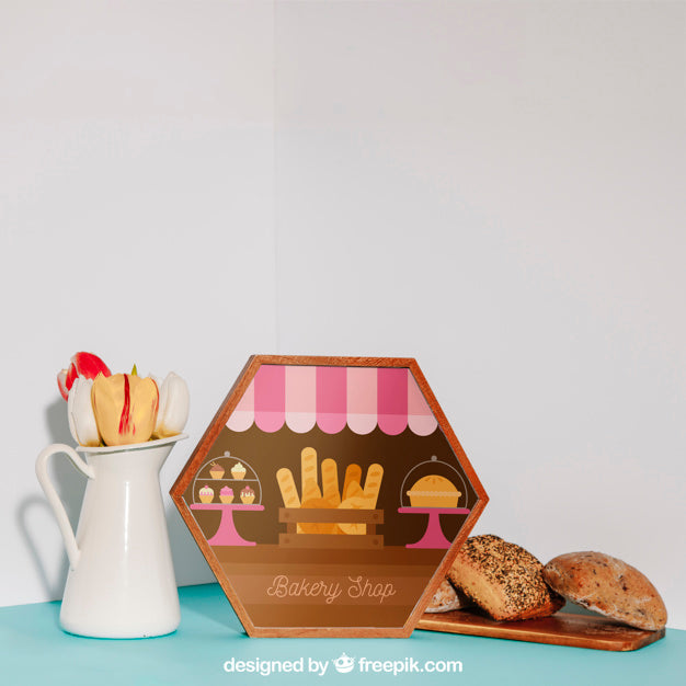 Breakfast Mockup With Hexagonal Frame And Bread Psd