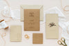 Brown Card Mockup Set On A White Lace Fabric Psd