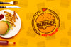 Burger Restaurant And Plate On Fast Food Doodle Background Psd