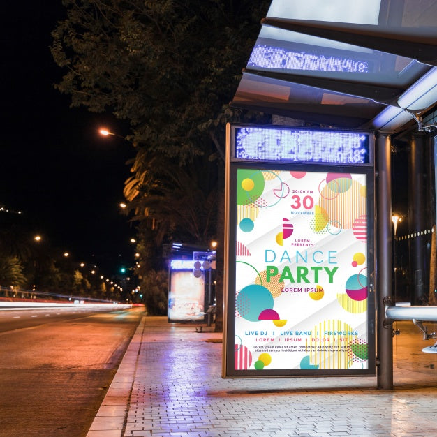 Bus Stop Billboard Mockup In City At Night Psd