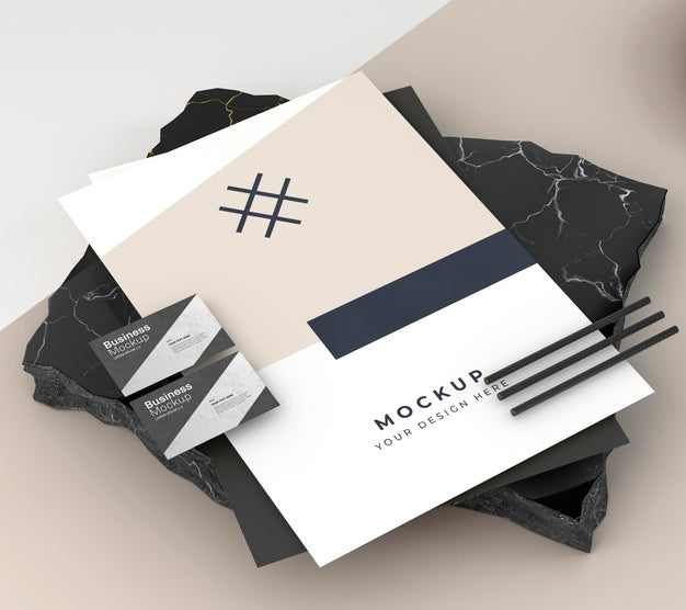 Business Card Mock-Up And Poster On Marble Stone Psd