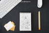 Business Cards, Office Desk And Pencil Drawings Psd