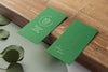 Business Cards On Wooden Board High Angle Psd