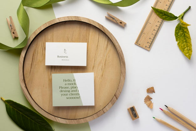 Business Cards On Wooden Board Top View Psd