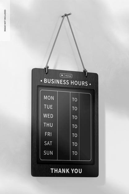 Business Hours Board Mockup, Left View Psd