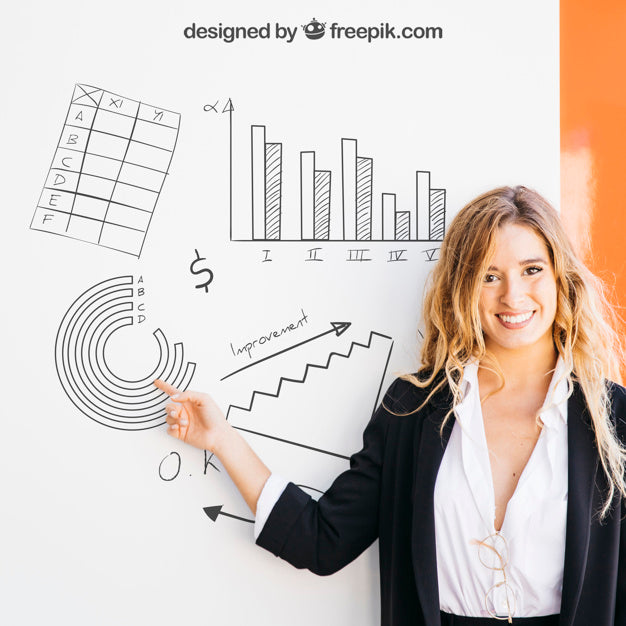Business Mockup With Blonde Woman Pointing At Board Psd