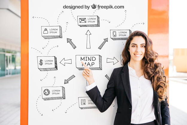 Business Mockup With Modern Woman Pointing At Board Psd