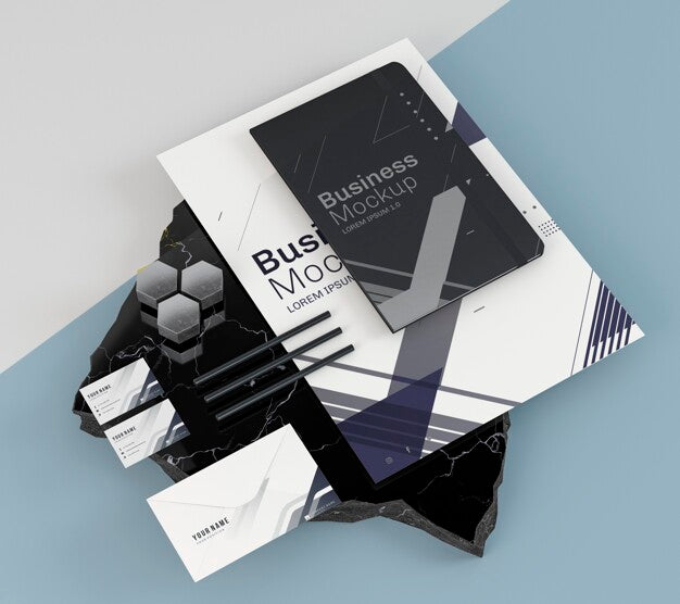 Business Stationery Mock-Up And Black Notebook Psd