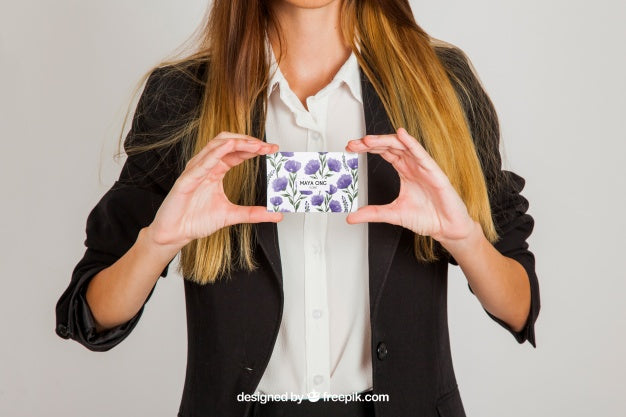 Business Woman Holding Business Card Psd