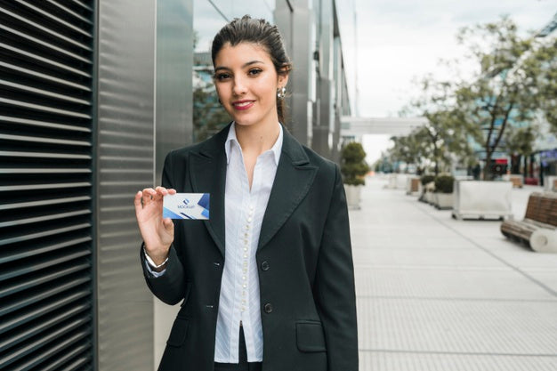 Business Woman Holding Visit Card Template Psd