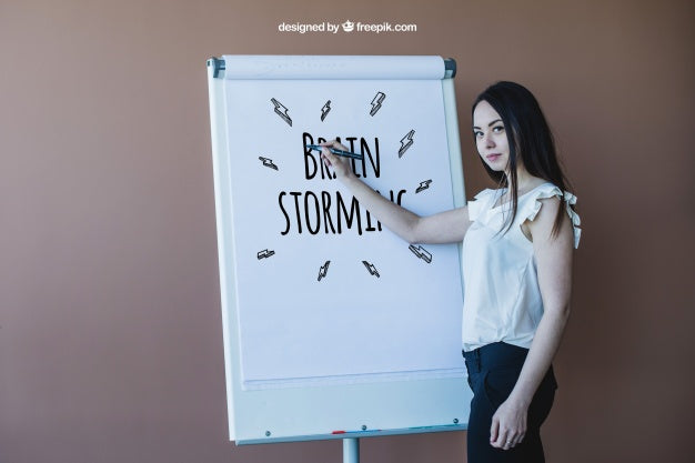 Businesswoman Drawing On Roll Up Banner Psd