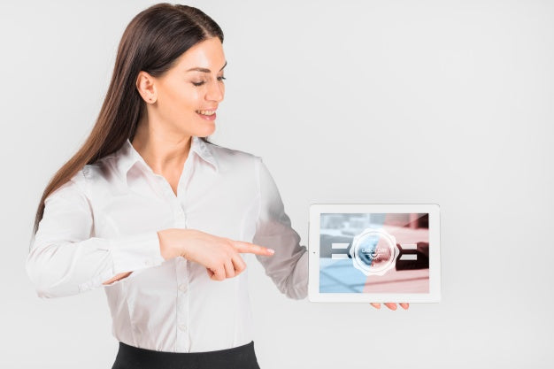 Businesswoman Holding Tablet Mockup For Labor Day Psd