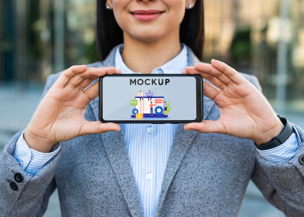 Businesswoman Outdoors Holding Phone Mockup Psd