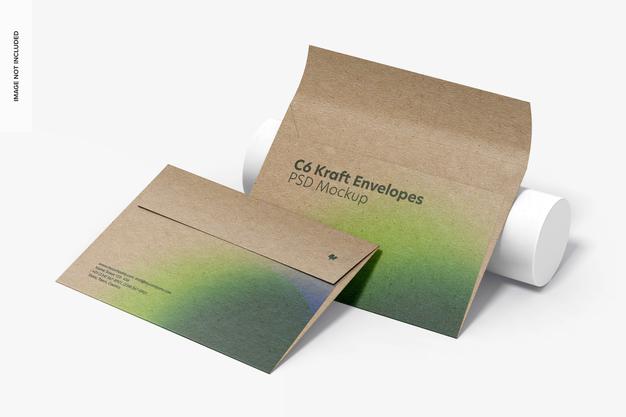 C6 Kraft Envelopes Mockup, Perspective Psd