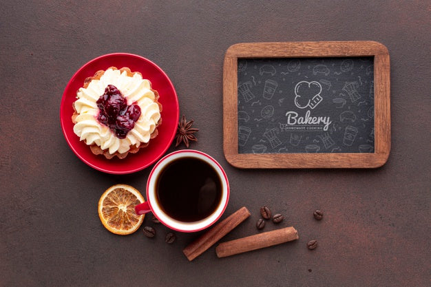 Cake With Black Coffee And Blackboard Mockup Psd