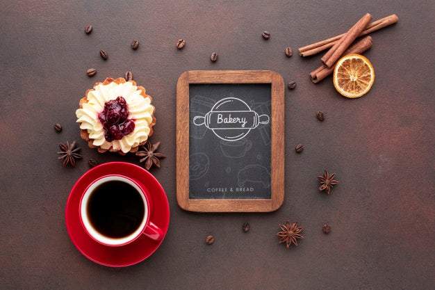 Cake With Cinnamon Black Coffee And Blackboard Mockup Psd