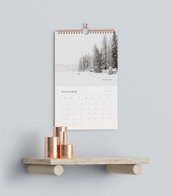 Calendar Hookes On Wall Above Shelf Mock-Up Psd