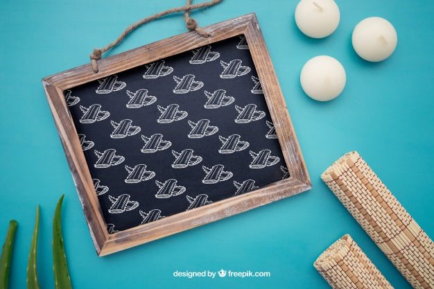 Calm Mockup With Candles, Bamboo And Slate Psd