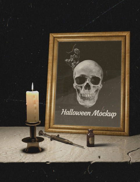 Candles And Halloween Mock-Up Frame With Skull Psd