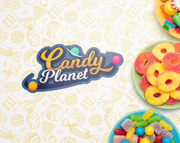 Candy Planet And Plates Filled With Candies Psd