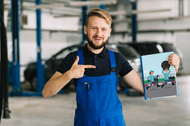 Car Mechanic Holding Cover Mockup Psd
