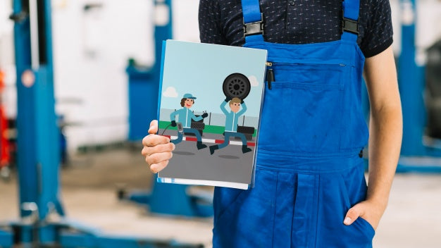 Car Mechanic Holding Cover Mockup Psd