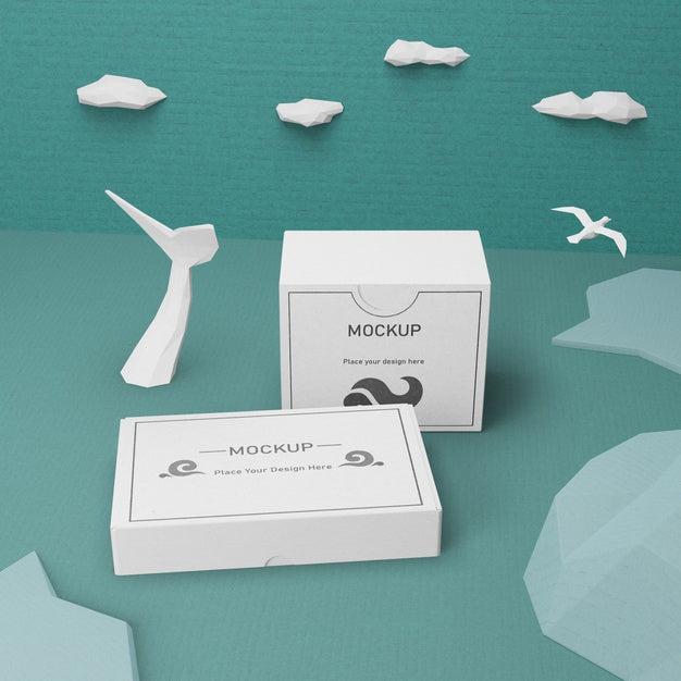Cardboard Boxes And Sea Life With Mock-Up Psd