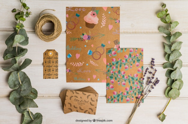 Cardboard Wedding Set With Floral Decoration Psd