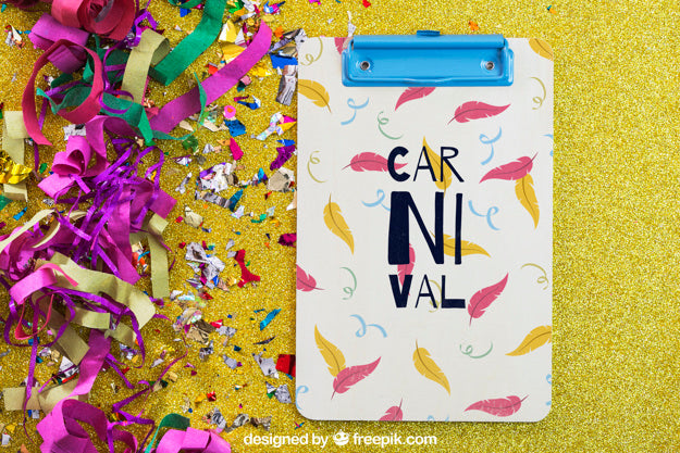 Carnival Mockup With Clipboard And Confetti On Left Psd