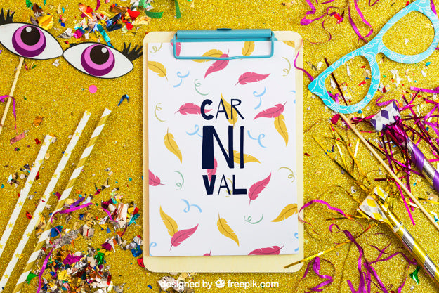 Carnival Mockup With Clipboard And Confetti Psd