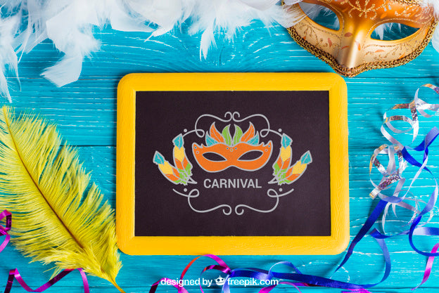 Carnival Mockup With Slate And Feathers Psd