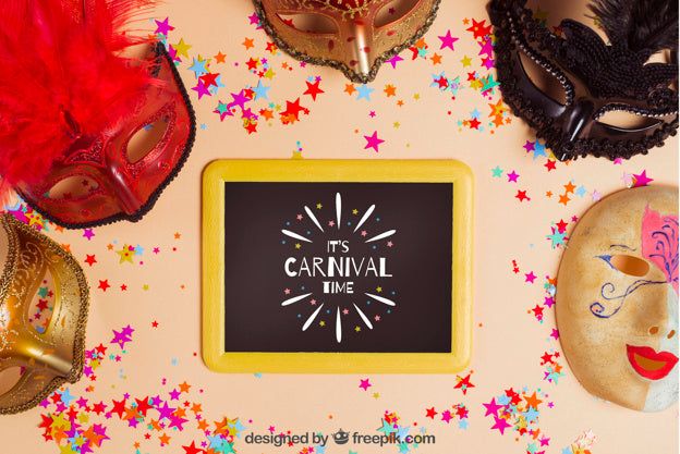 Carnival Mockup With Slate And Five Masks Psd