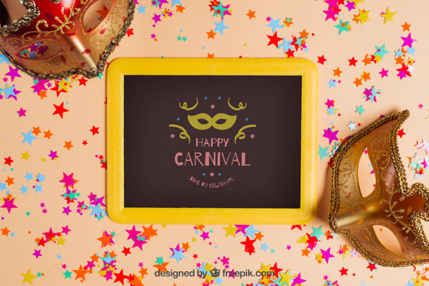 Carnival Mockup With Slate And Two Masks Psd