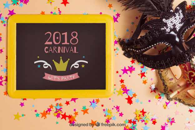 Carnival Mockup With Slate Next To Mask Psd