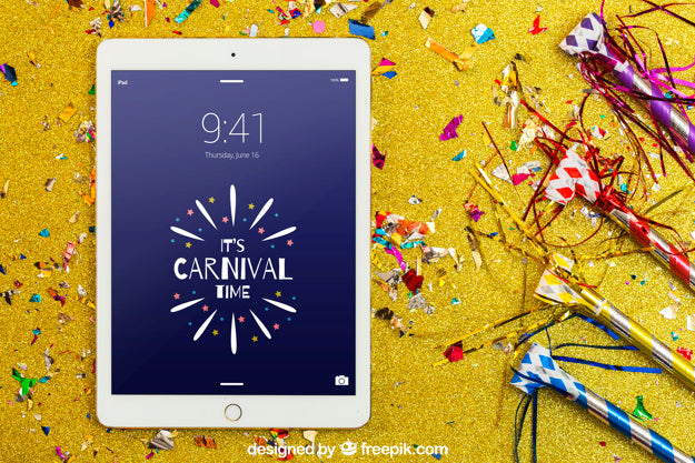 Carnival Mockup With Tablet And Confetti Psd