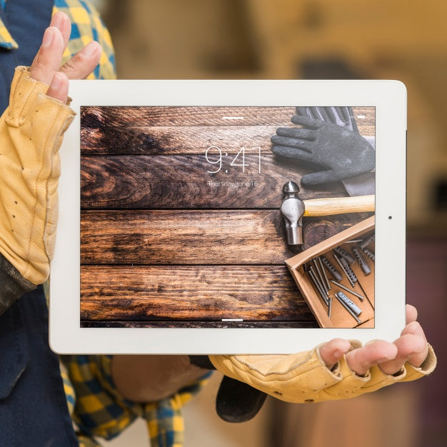 Carpenter Holding Tablet Mockup Psd
