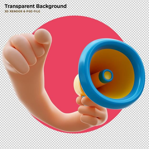 Cartoon Hand Holding Megaphone Loudspeaker. 3D Render Illustration Psd