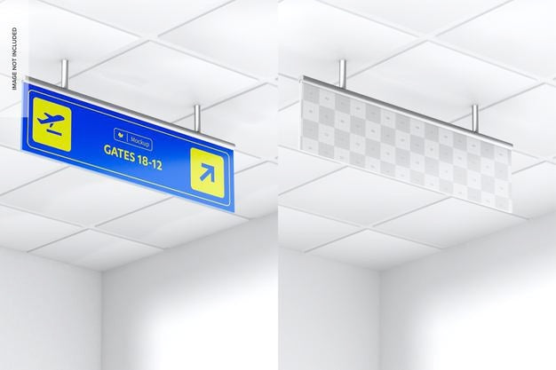 Ceiling Sign Mockup, Low Angle Psd