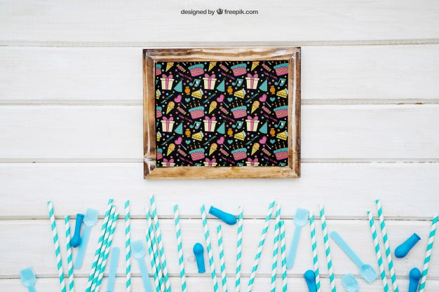 Celebration Decoration With Slate On Wooden Surface Psd