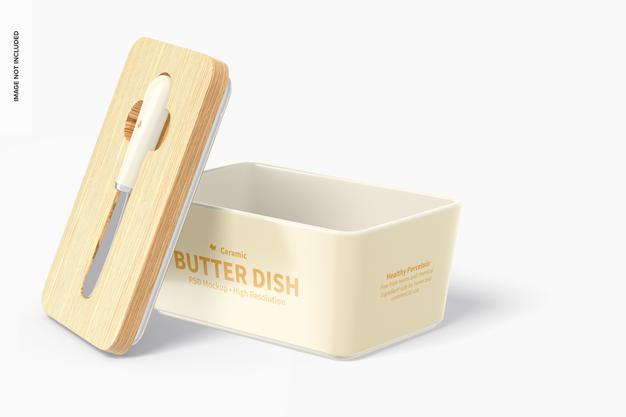 Ceramic Butter Dish With Bamboo Lid Mockup, Opened Psd