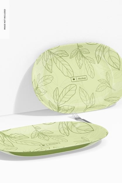 Ceramic Oval Plates Mockup, Leaned Psd