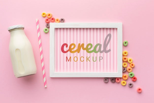 Cereals And Milk Beside Frame Mock-Up Psd