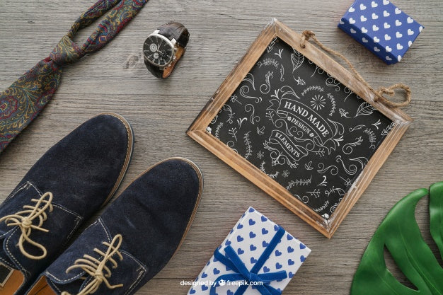 Chalkboard, Shoes, Tie, Watch And Gift Boxes Psd