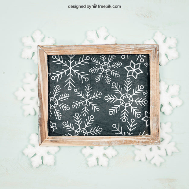 Chalkboard With Snowflakes Mockup With Christmtas Design Psd