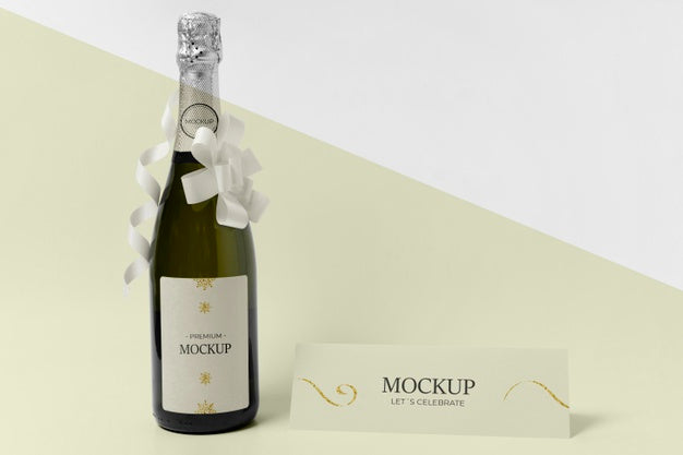 Champagne Bottle Mock-Up With White Ribbons And Bows Psd