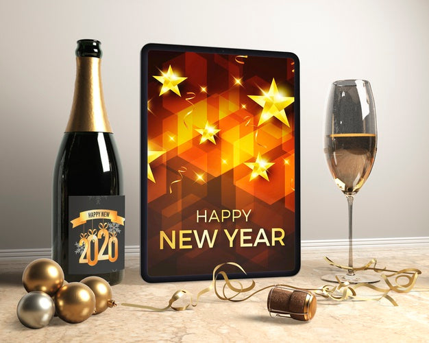 Champagne Bottle On Table With Glasses Prepared Psd